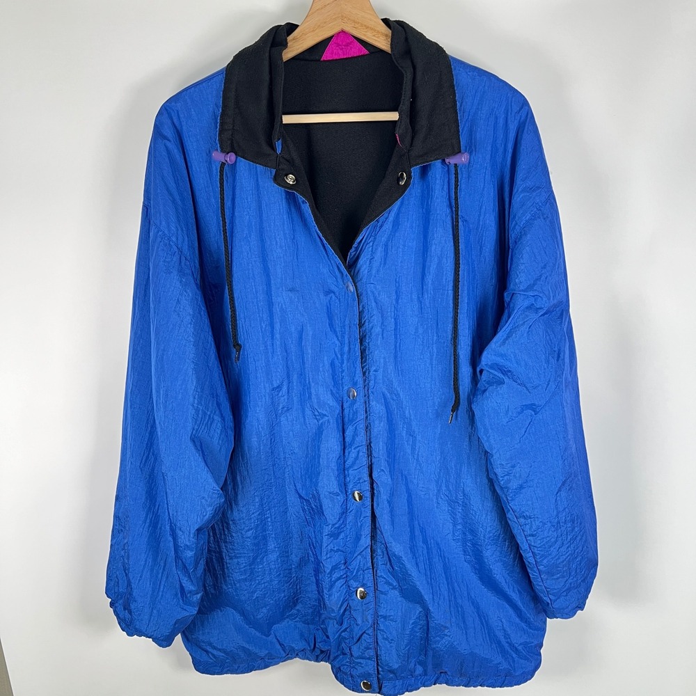 Vintage Reversible Royal Blue Snap Front Windbreaker Jacket Fleece Lined 14W